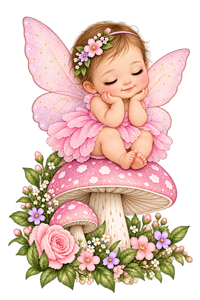 Bebé pequeñita con vestidito rosa, alitas y flores, sentada sobre un hongo